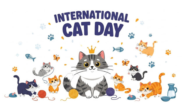 Global Cat Day Illustration &ndash; International Cat Day Celebration Concept with Cute Cats on White Background