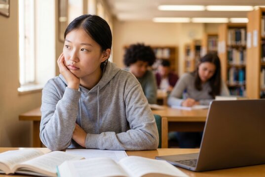 Young female student looking distracted and procrastinating while studying in the library