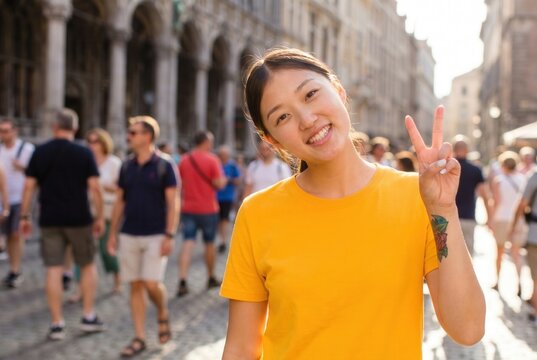 Happy young asian woman enjoying travel and urban tourism, making v sign