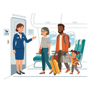 Flight attendant warmly welcomes a diverse family, including parents and a happy child, boarding a modern airplane with luggage for an exciting air travel journey or vacation