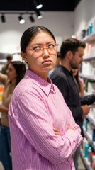 Fototapeta premium Young woman rolling eyes and feeling annoyed in a crowded retail environment