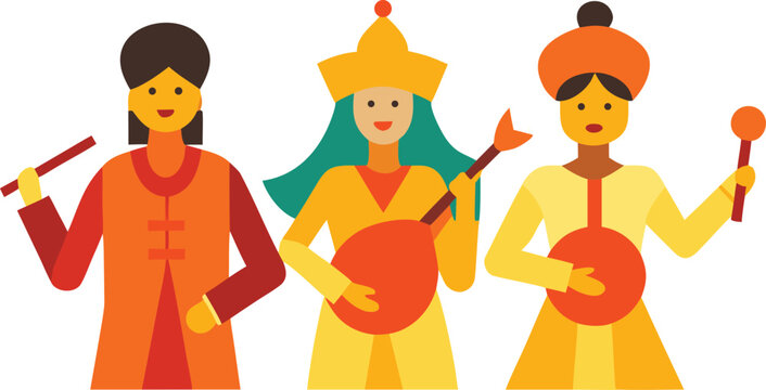 Three people playing traditional music instruments in flat art