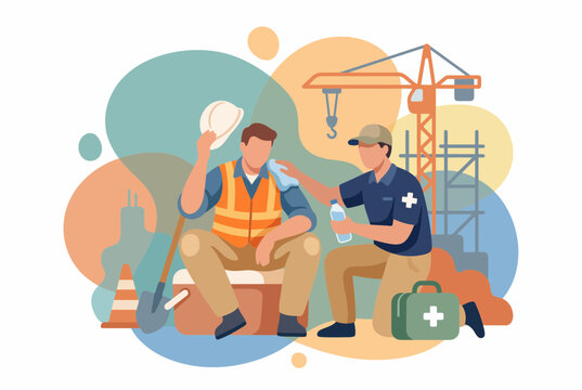 First Aid Assistance for Construction Worker with Heat Exhaustion