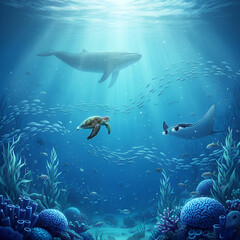 Naklejka premium underwater scene with fishes and turtle