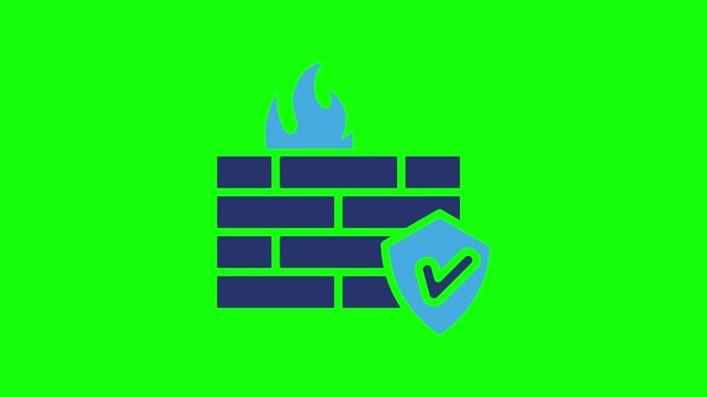 Digital firewall icon with flames on a green screen background, technology concept.