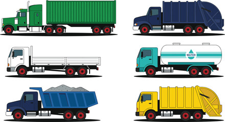 Fototapeta premium Flat vector illustration collection of commercial transport vehicles including cargo container semi truck water tanker dump flatbed and garbage trucks for logistics graphic design