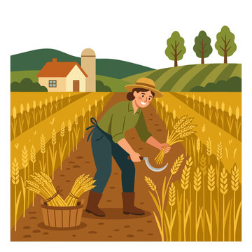 A farmer harvesting wheat in a field with a barn and trees in the background, symbolizing rural life and agriculture