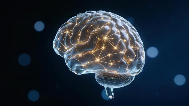 Transparent brain with glowing neural connections