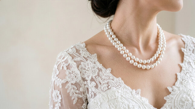 Faceless bride with detailed lace gown and pearl necklace detail