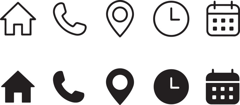 Set of clean minimalist contact icons featuring house telephone location pin clock and calendar symbols for modern web design interfaces