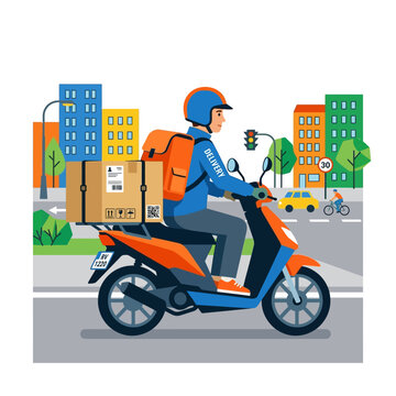 Delivery driver on a scooter with a package in the city, representing fast and efficient urban logistics