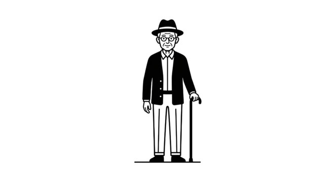 A full body black and white vector image of an elderly man standing with a walking cane wearing a hat and glasses.