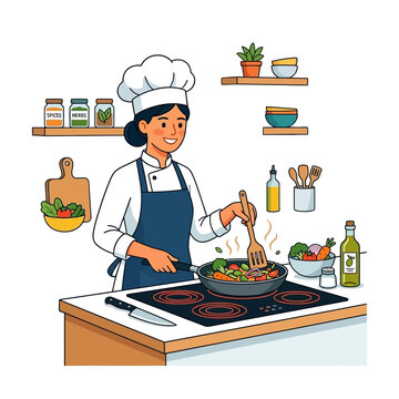 A cheerful female chef wearing a white toque and apron, expertly cooking a colorful vegetable stir-fry in a pan on a stovetop
