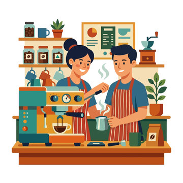 Two Baristas Preparing Coffee with Espresso Machine and Frother in a Cozy Cafe Environment