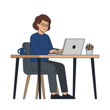 A person working on a laptop at a desk with a coffee mug and a plant