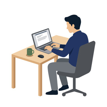 Man working on a laptop computer at a wooden desk with a coffee mug and a computer mouse