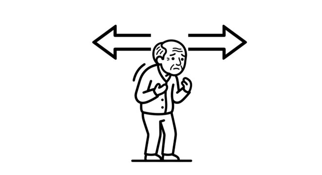 A professional vector image illustrating an older man feeling lost and disoriented between two arrows pointing in opposite left and right directions.