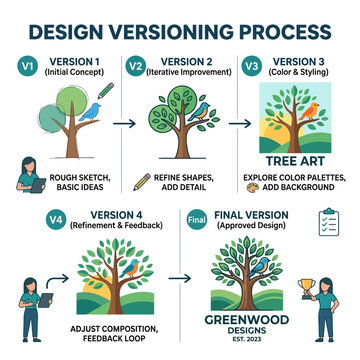 Detailed visual guide to the design versioning and development process, showcasing an iterative workflow from initial concept to final approved graphic design