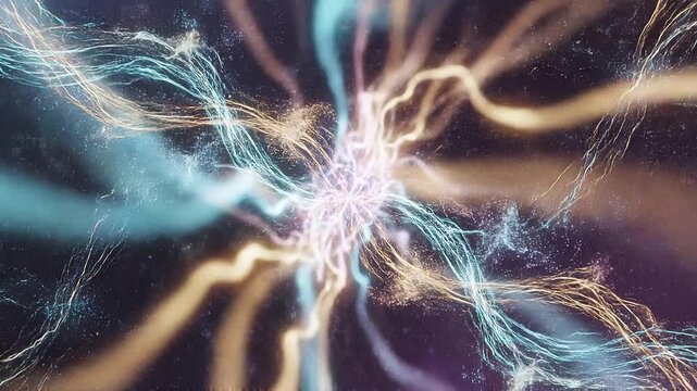 Abstract digital explosion of glowing golden and blue light particles forming a dynamic energy wave pattern against a dark background representing scientific research and technology