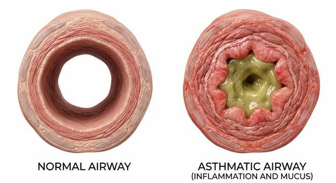 Anatomical comparison rendering showing normal airway alongside asthmatic bronchus with inflammation mucus and constriction representing acute respiratory pathology clinical medicine