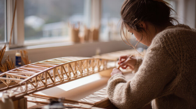 Young student works on detailed wooden bridge model in bright science lab, focused on back to school STEM projects and creative learning