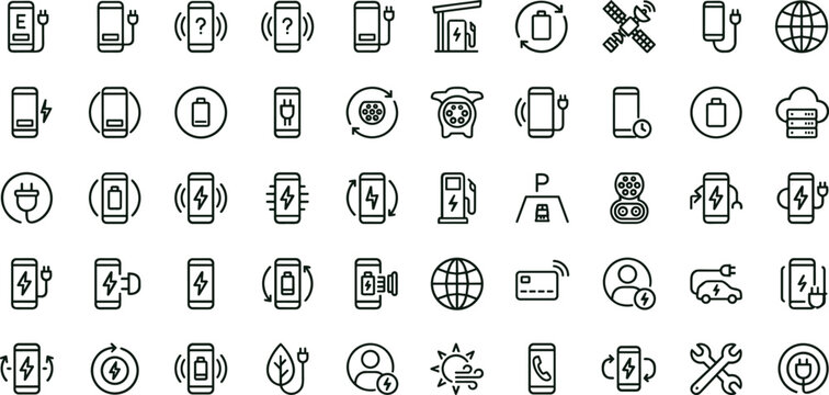 Wireless charging and battery technology line icon set for smart energy dashboard ui mobile power and connectivity management