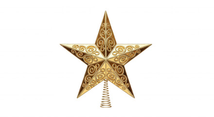 Obraz premium A golden christmas tree topper star with intricate swirling filigree patterns and a coiled conical base isolated on a black background