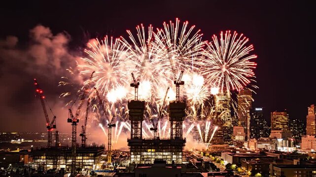 Celebratory fireworks explode in the night sky over a city skyline with construction cranes, symbolizing progress and new beginnings