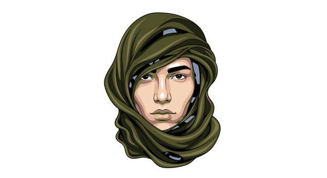 Vector illustration of a young person wearing a traditional desert headwrap or turban in olive green, with a serious expression on a white background.