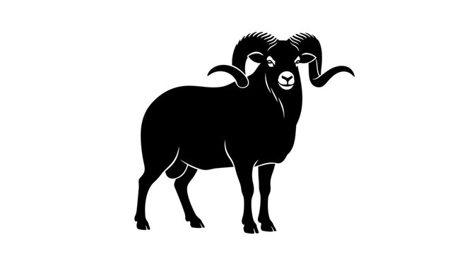 Black ram silhouette, horned animal icon, vector illustration, wildlife symbol