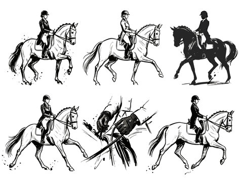 Dressage horse rider training sketch collection, professional equestrian brush line art for minimalist design, branding