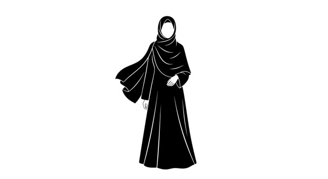 Black abaya, Muslim woman, hijab illustration, vector fashion icon