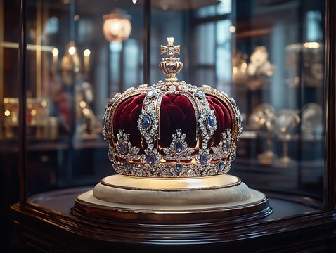 Elaborate golden and ruby crown within antique showcase, radiating elegance