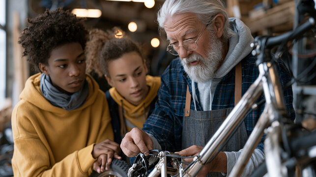 Retired mechanical engineer volunteer repairing donated bicycle at community skills workshop surrounded by neighborhood teenagers watching process in action as he explains derailleur adjustment tech