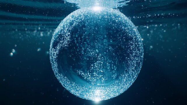 Deep Ocean Water Sphere Made of Liquid Bubbles and Blue Currents with Transparent Watery Shell