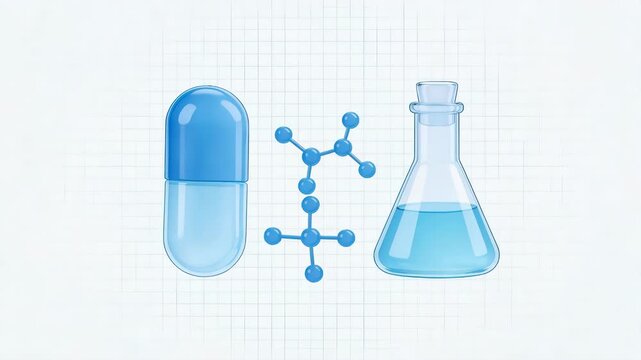Blue pill flask and molecule on grid