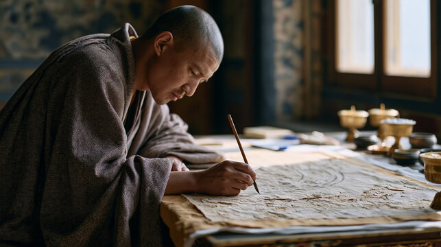 Over the shoulder view of a Tibetan monk restoring a thangka painting in a monastery designated as a UNESCO heritage site, his fine brush working across faded silk, conservation materials and sacred