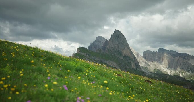 Seceda peak on a cloudy day in the Italian Dolomites