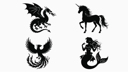 Fototapeta premium Collection of mythical creatures silhouettes including dragon, unicorn, phoenix, and mermaid