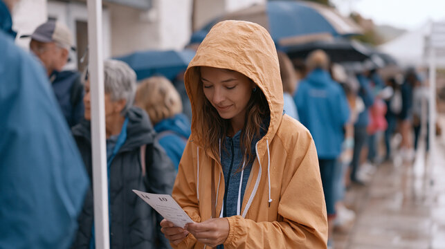 Free legal aid clinic intake coordinator managing long outdoor waiting line of residents on rain soaked community center sidewalk distributing numbered tickets and brief intake forms while fellow vo