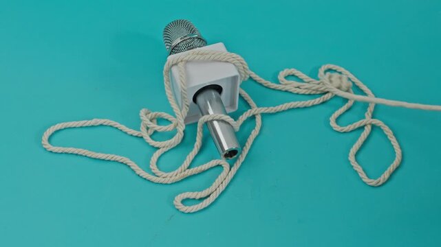 Rope Is Pulled Away From A News Microphone On A Turquoise Background For Removal Of Media Restrictions And Censorship