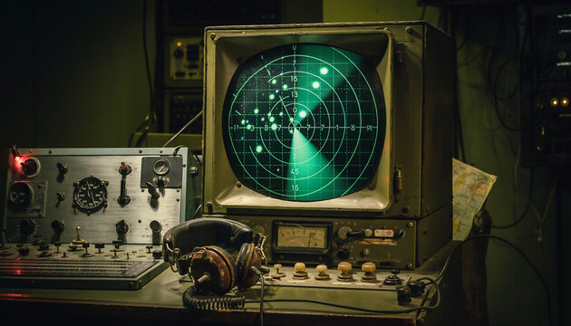 Vintage glowing green radar screen displaying tracking targets on a dark background, close up view of military surveillance equipment