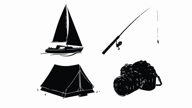 Black silhouettes of a sailboat, fishing rod, tent, and backpack on a for outdoor and camping concepts