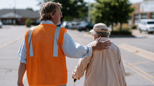 Election polling volunteer in bright orange safety vest helping visually impaired senior navigate parking lot toward community gymnasium entrance on bright June afternoon while waving traffic safely