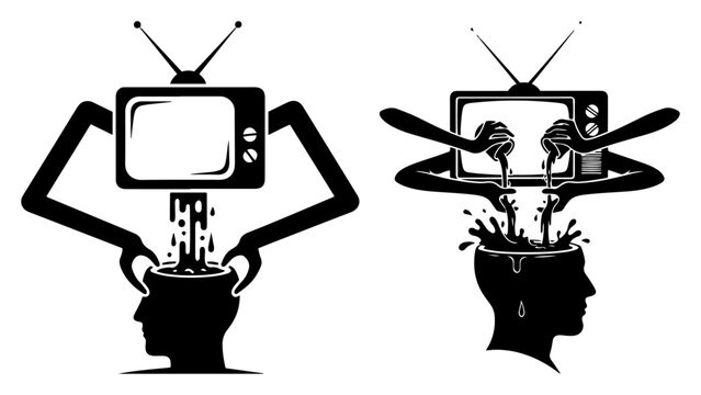Television pouring liquid into open human head representing media brainwashing minimalist vector style