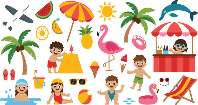 Big summer clipart vector set with beach vacation elements, kids activities palm trees airplane and sunglasses isolated on white background