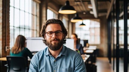 Obraz premium Professional man with glasses and beard smiling confidently in modern office workspace with colleagues working in the background during daytime