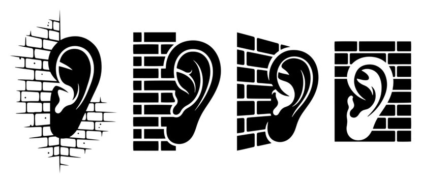 Human ear emerging from brick wall representing eavesdropping and spying minimalist vector style
