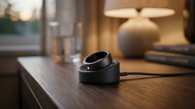 Smart ring charging on wireless dock in cozy home interior