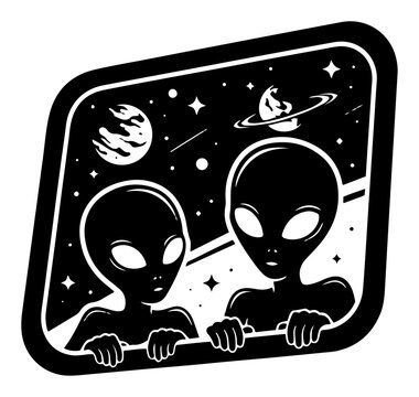 Grey aliens looking out of spaceship window into outer space with planets minimalist vector style